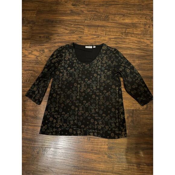 SUSAN GRAVER PRETTY BLACK & MULTICOLOR FLORAL PRINT SEQUIN EMBELLISHED TOP M - Picture 1 of 6